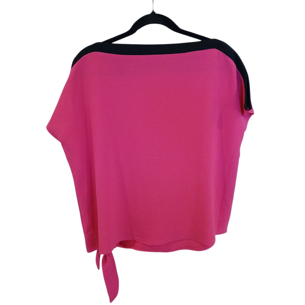 Marc New York Fuchsia Pink Blouse with Black Accent Tie Waist XL Flutter Sleeve‎